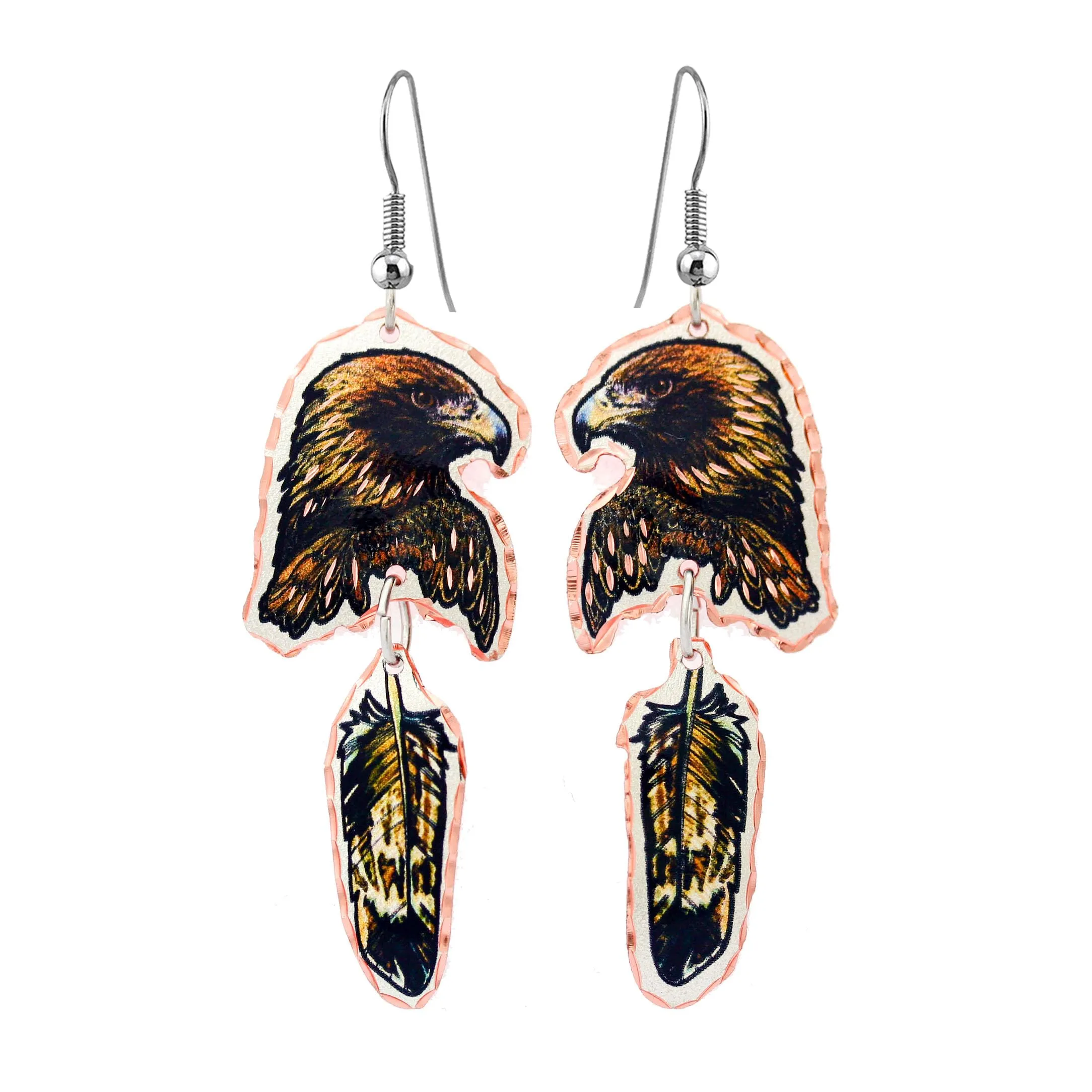 Native American Eagle Feather Earrings, Golden Eagle Drop Earrings, Handmade Copper Jewelry