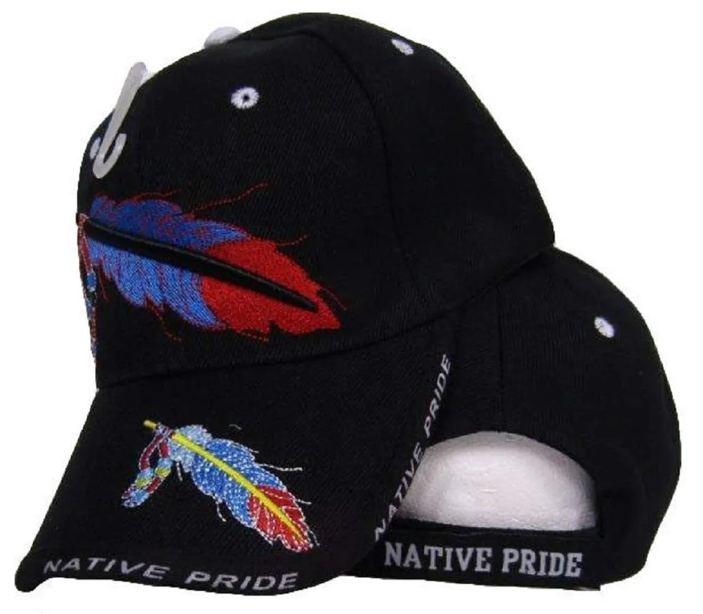 Native American Feather Beads Pride Adjustable Black Cap Hat - Durable Cotton/Poly Twill