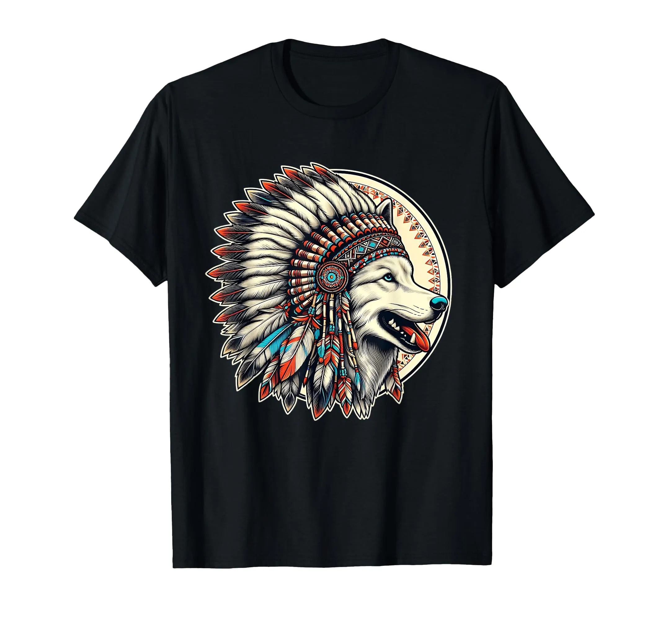 Native American Feather Bonnet White Wolf Totem T-Shirt - Lightweight Classic Fit Apparel