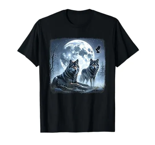 Native American Full Moon Mountain T-Shirt - Mystical Wolves Design, Lightweight Classic Fit