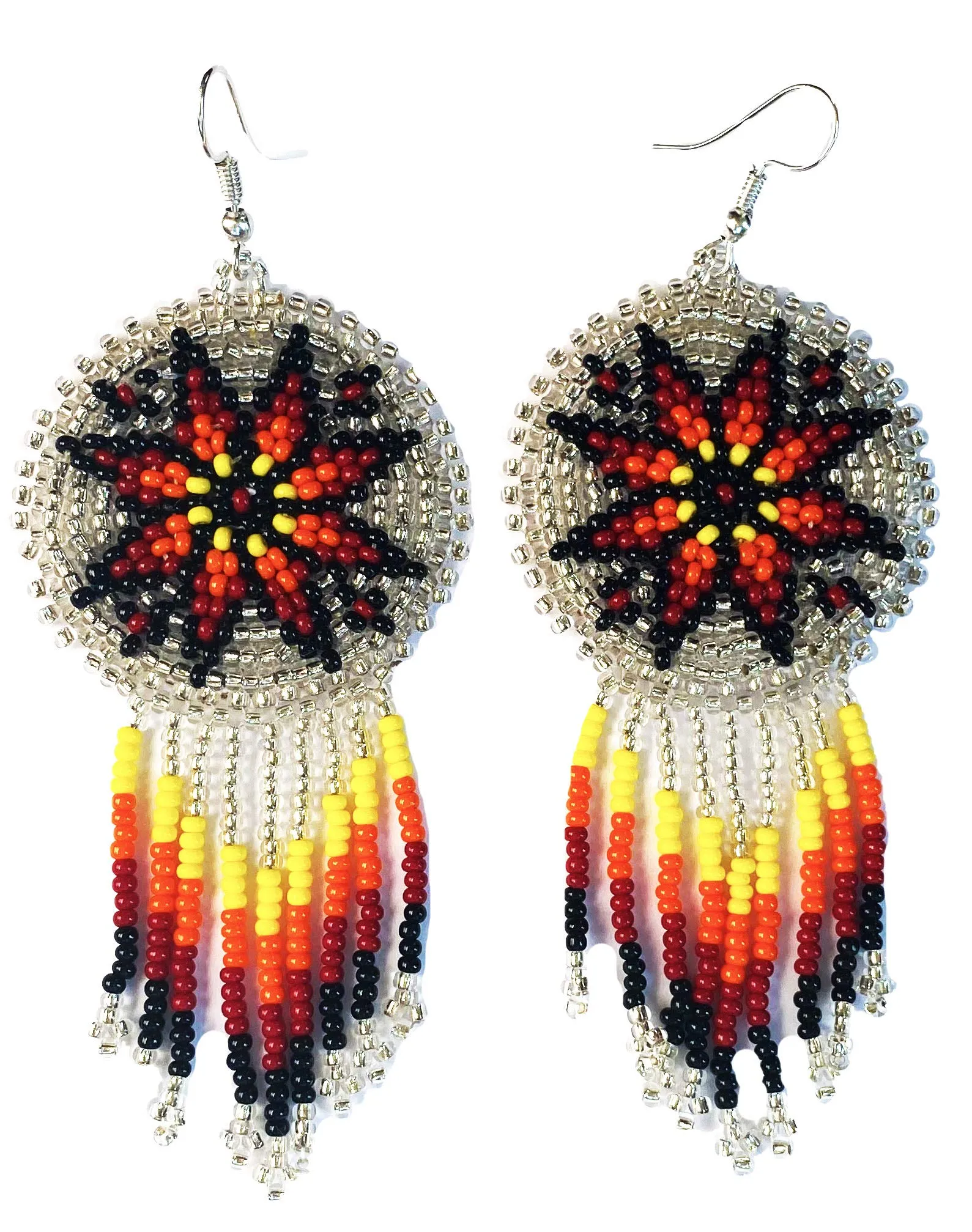 Native American Handmade Beaded Earrings Round Medallion Fringe (Fire Silver)