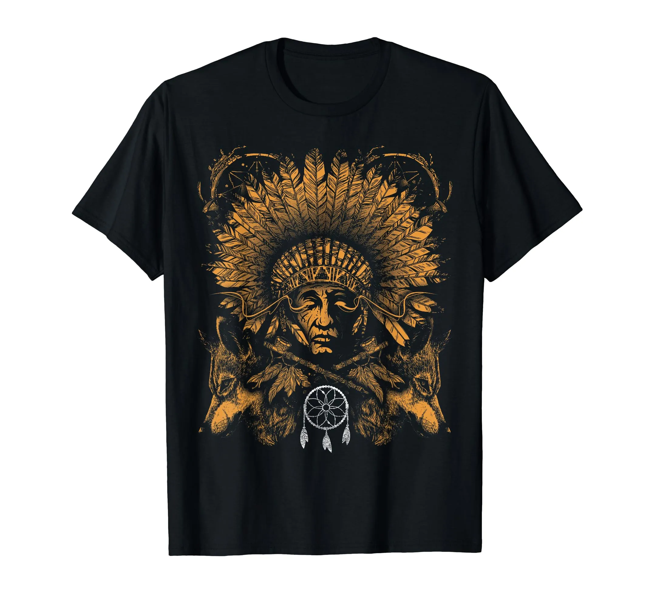 Native American Indian Chief Dream Catcher T-Shirt with Wolf Feathers, Lightweight Classic Fit