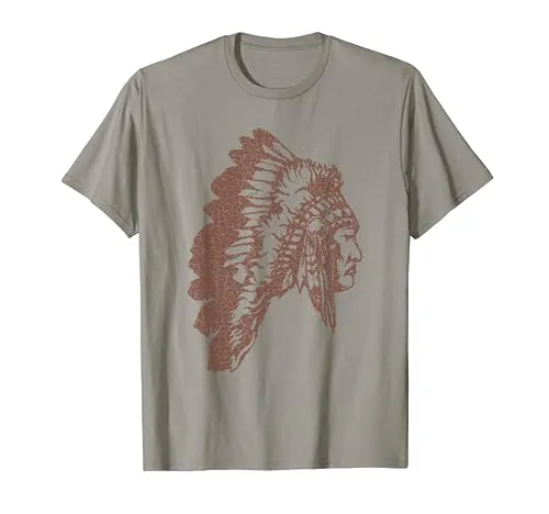 Native American Indian Chief Headdress T-Shirt - Distressed Look, Lightweight, Classic Fit