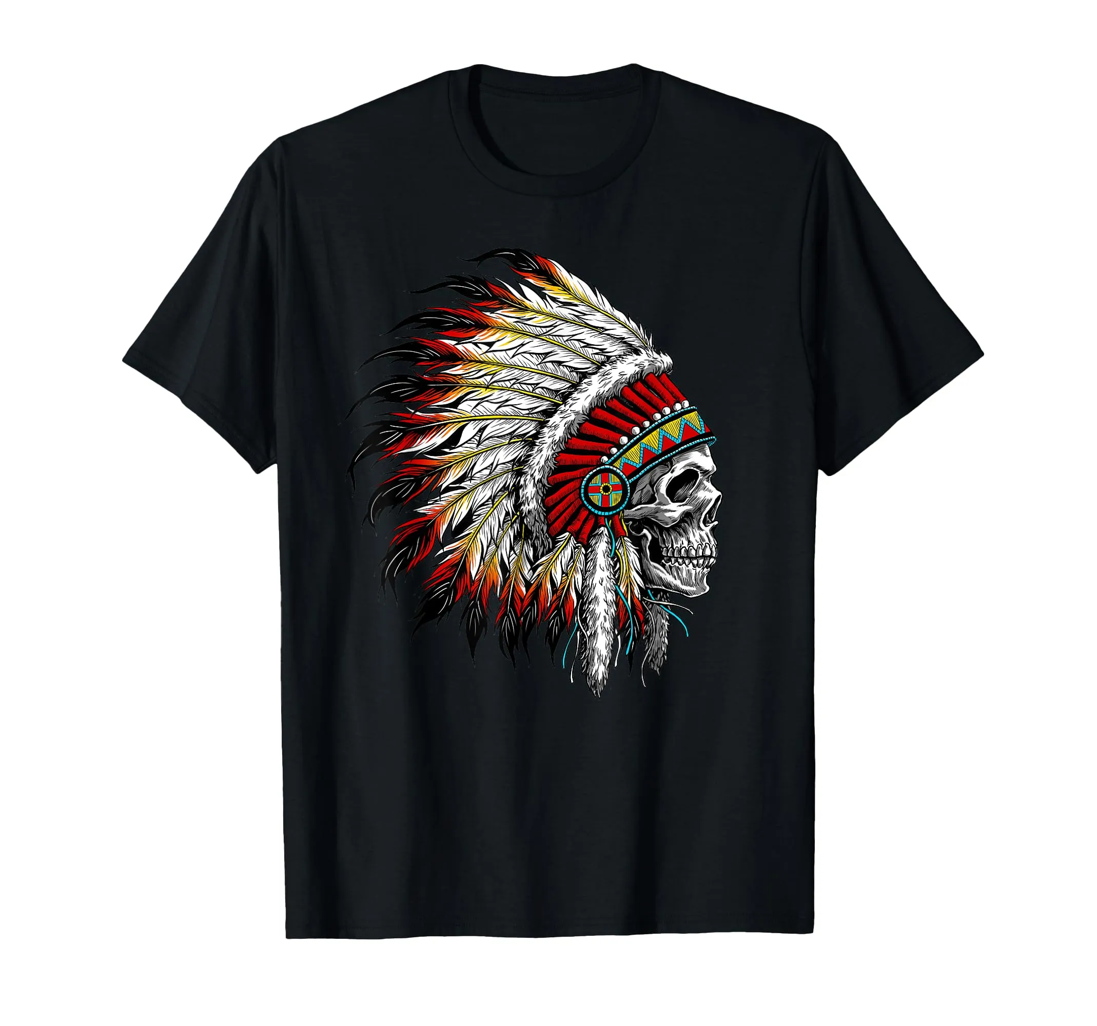 Native American Indian Chief Skull Motorcycle Headdress T-Shirt - Lightweight Classic Fit