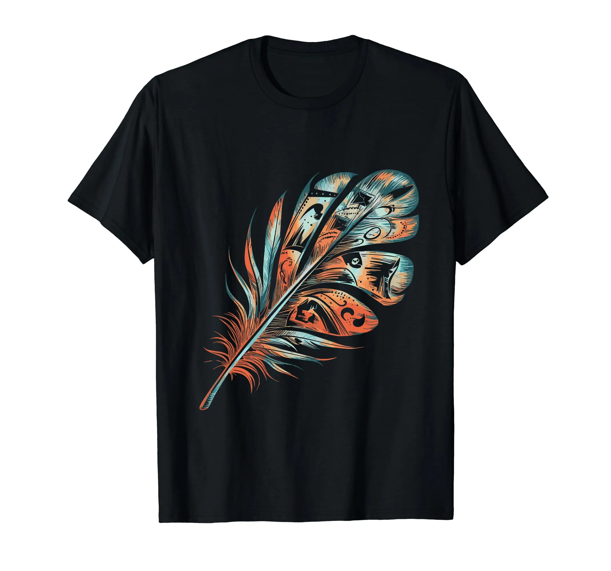 Native American Indian Feather T-Shirt for Men, Lightweight Classic Fit, Double-Needle Hem