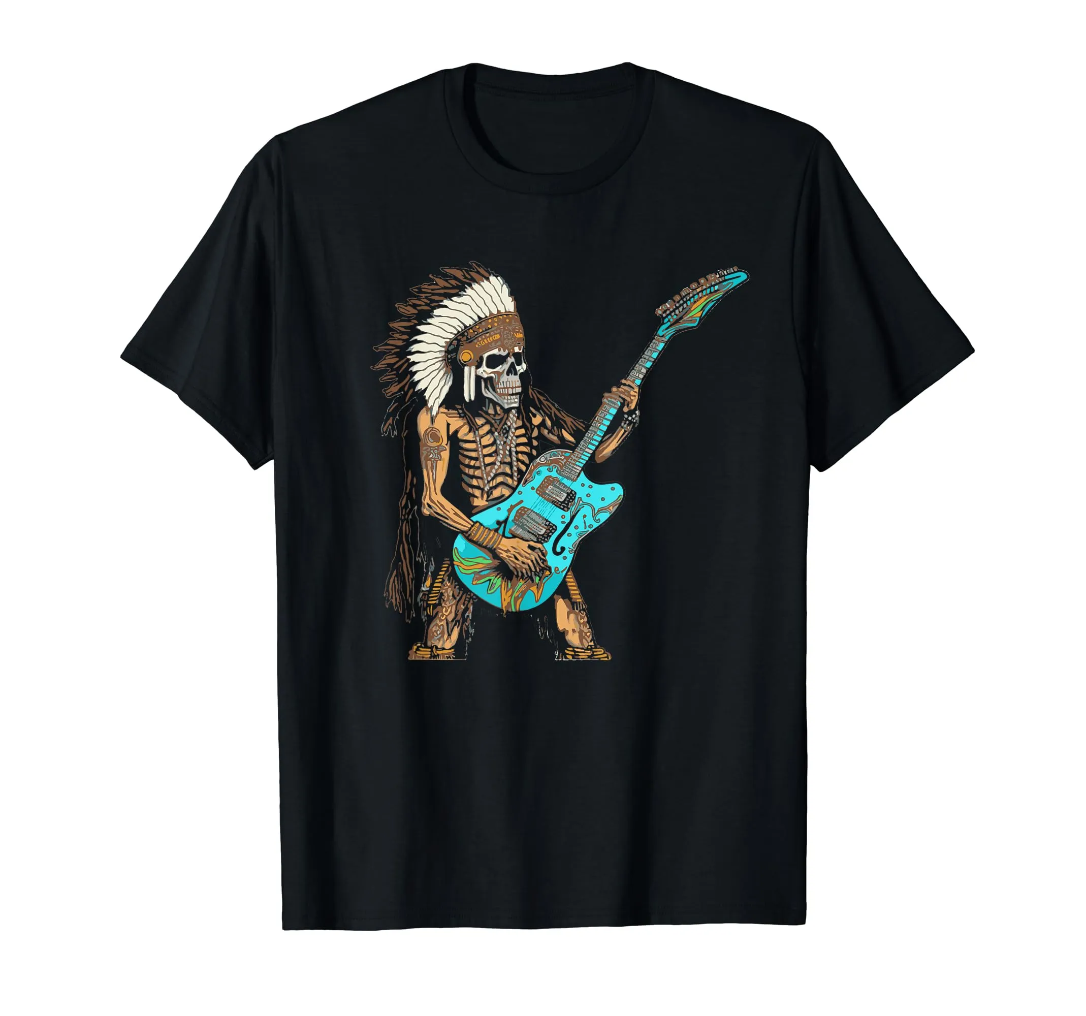 Native American Indian Playing Electric Guitar Rock T-Shirt for Bluegrass Music Fans