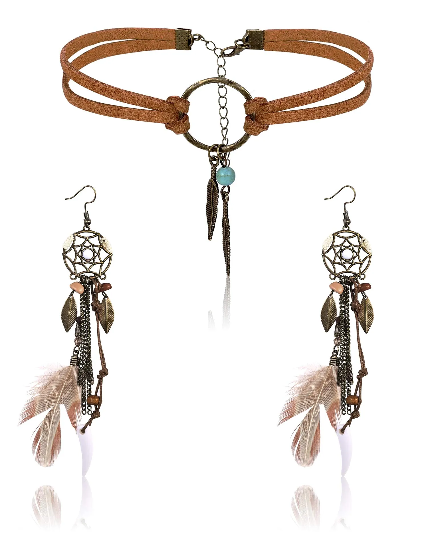 Native American Jewelry Choker & Earring Set, Handmade Bohemian Dream Catcher, Faux Feather