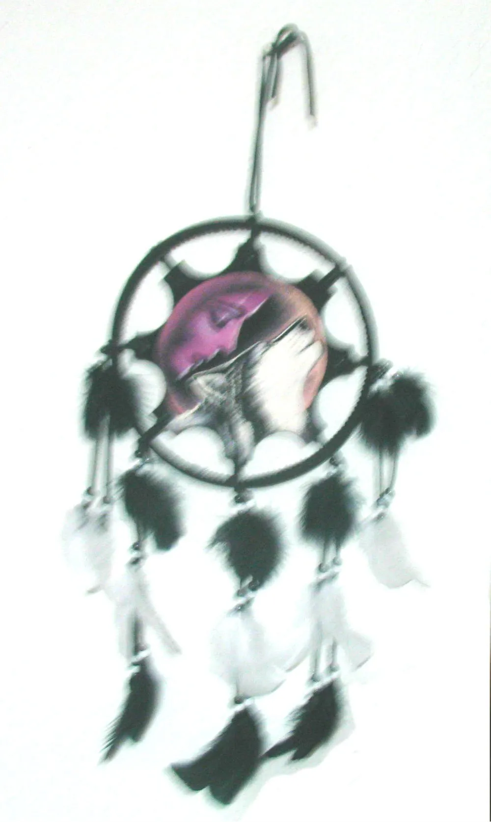 Native American Maiden Wolf Dreamcatcher Art - Hand-Painted Leather Wall Hanging, 15' Long