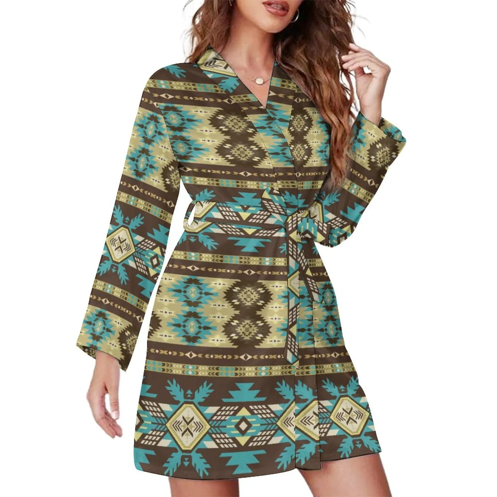 Native American Pattern Women's Pajama Bathrobe Sleepwear - Adjustable Belt, Soft Polyester, Small