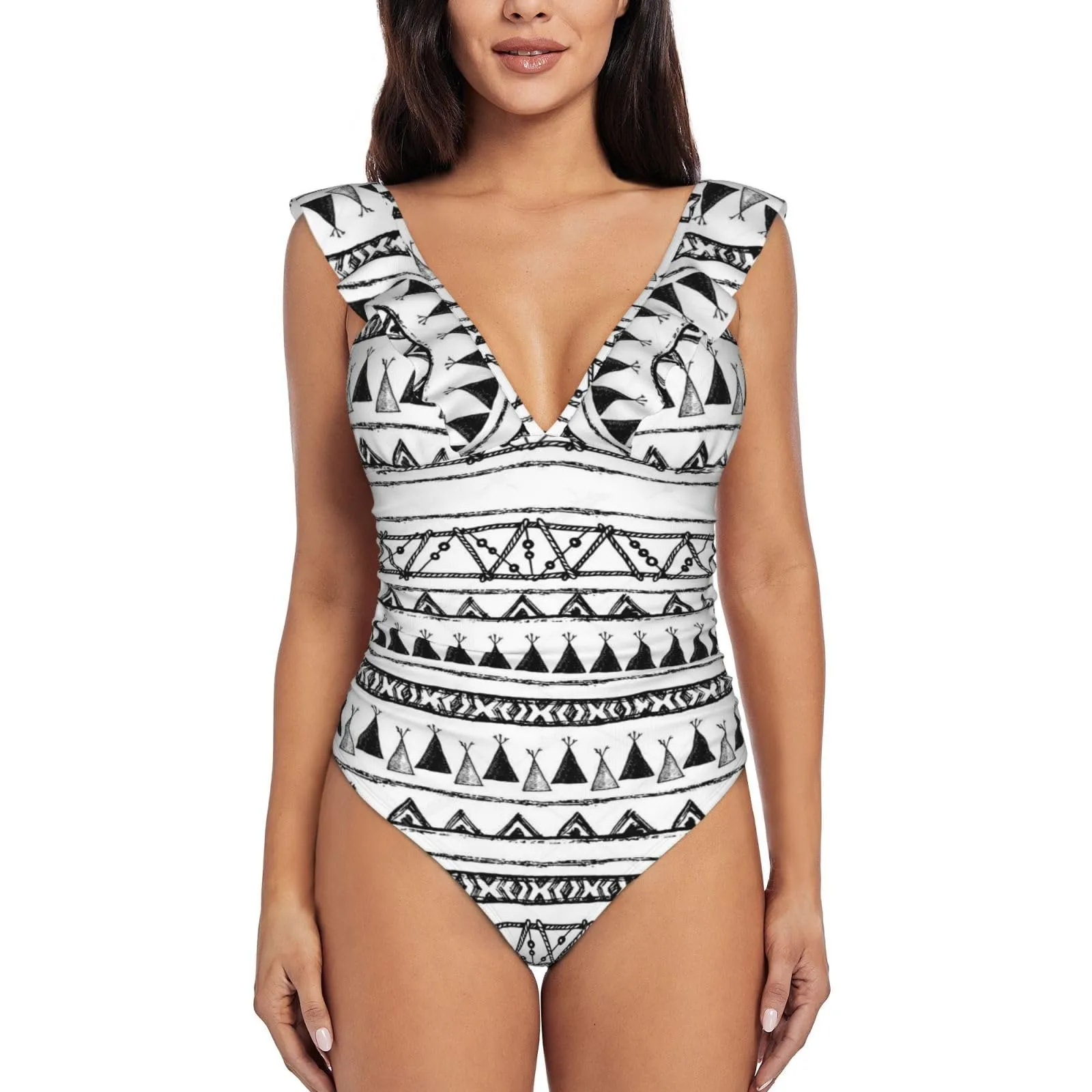 Native American Patterns Women's Tummy Control One-Piece Swimsuit - Slimming Ruffle Design