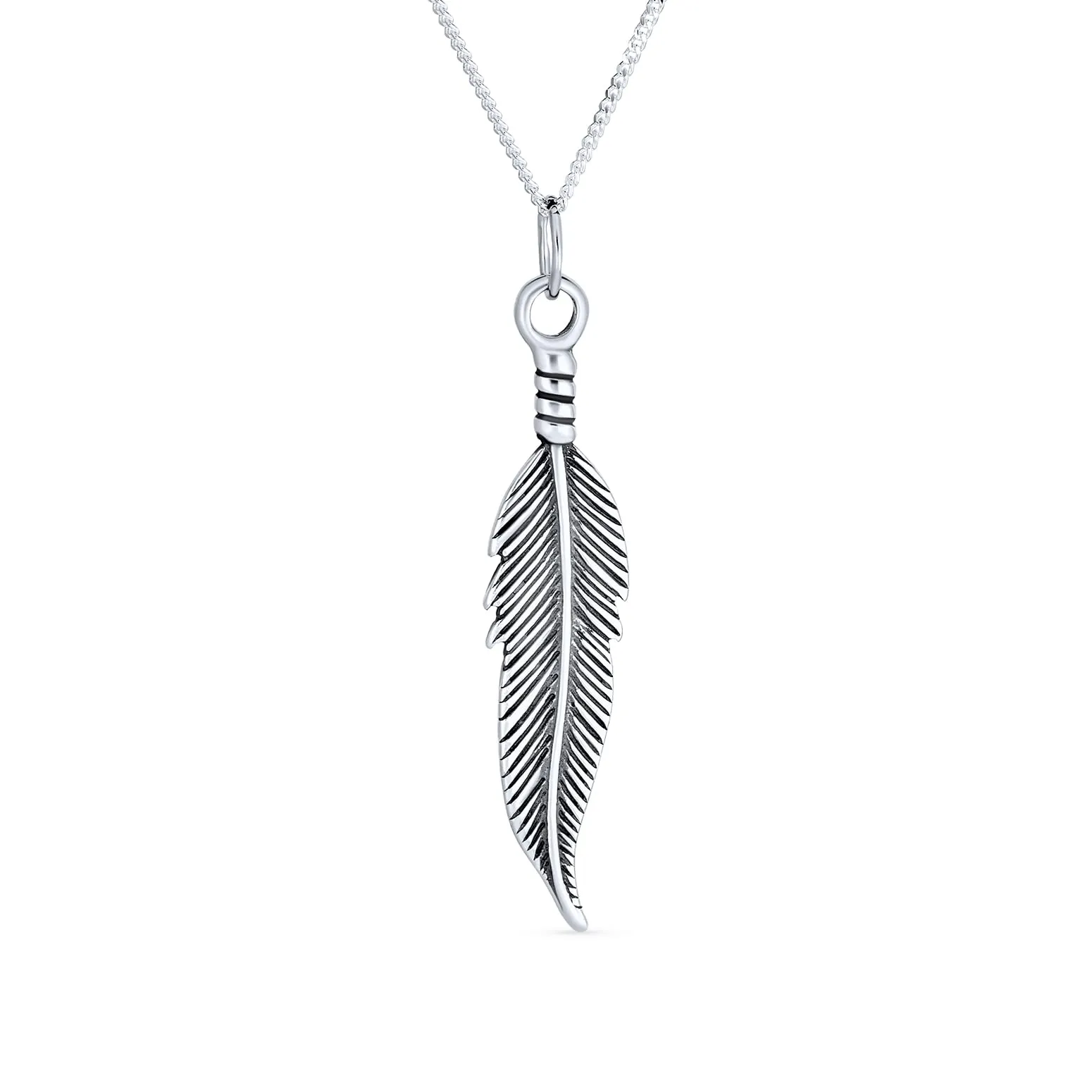 Native American Style Bohemian Diagonal Feather Leaf Pendant Necklace in .925 Sterling Silver