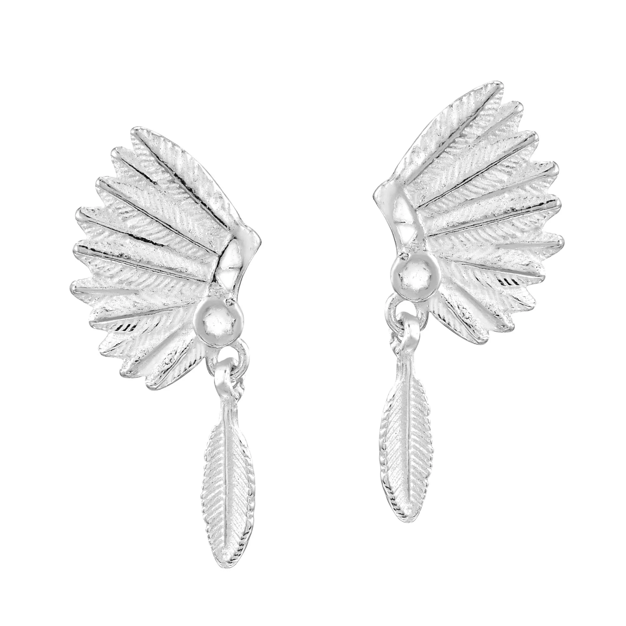 Native American Style Feather Headdress .925 Sterling Silver Dangle Earrings for Women