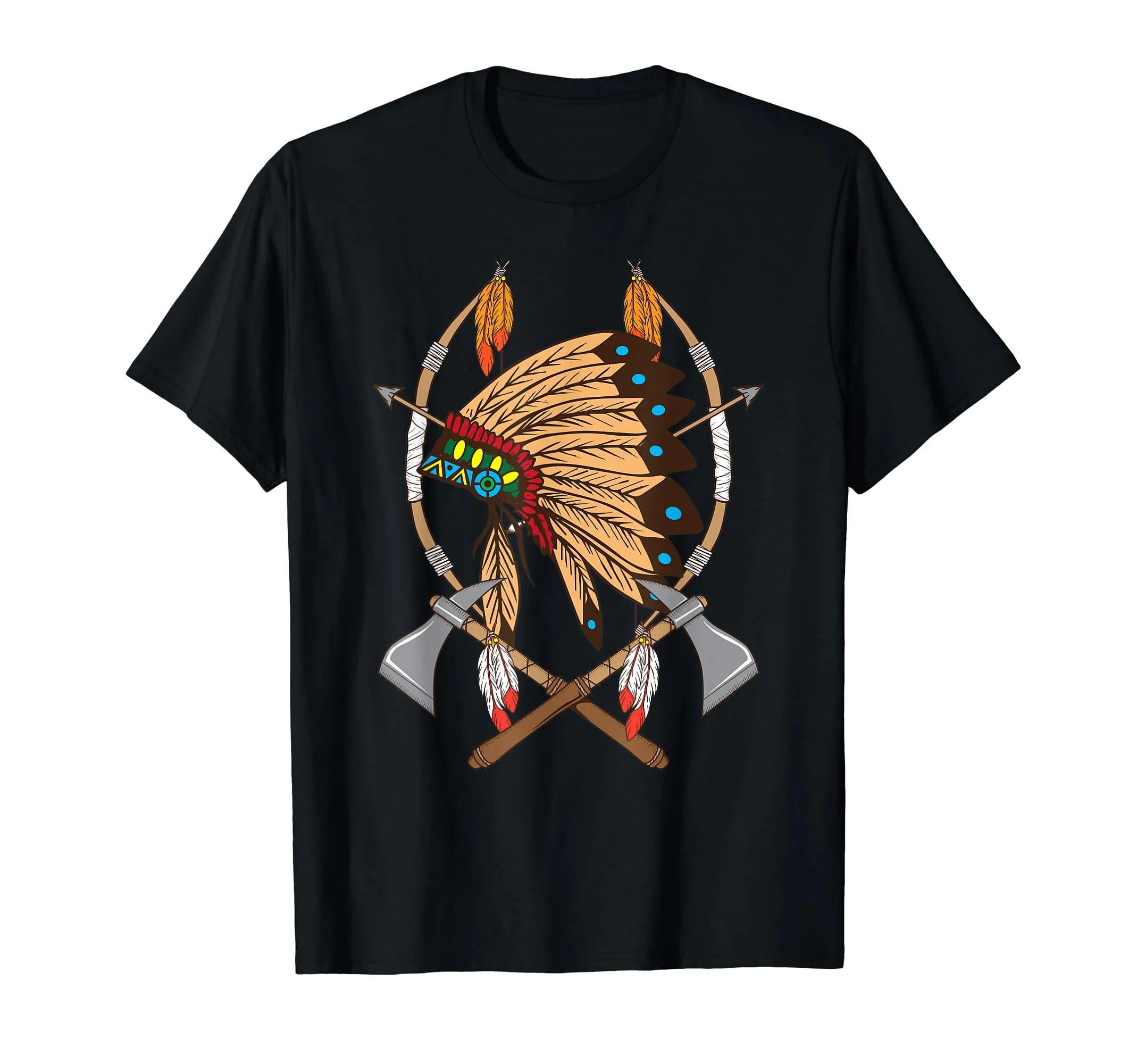 Native American War Bonnet T-Shirt with Feathers & Tomahawk Design for All Ages