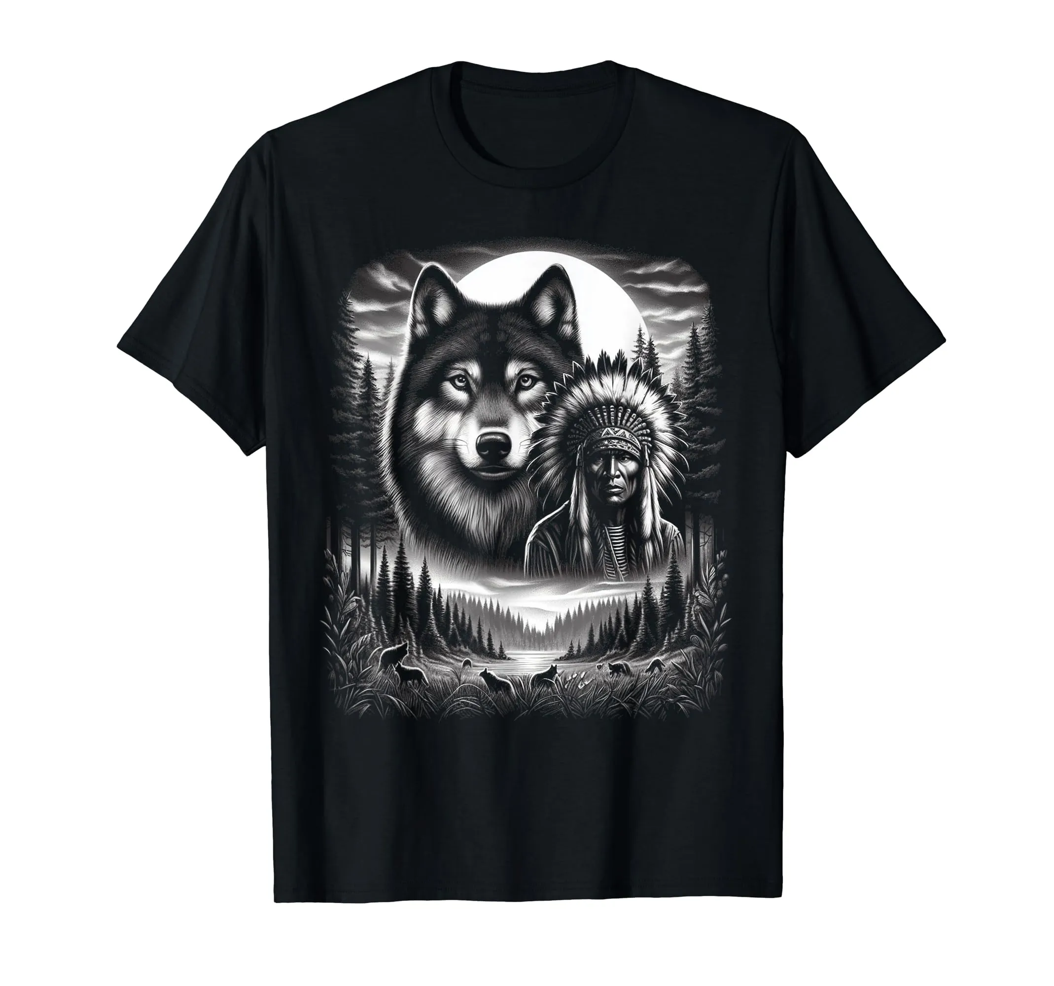 Native American Wolf Chief Art T-Shirt - Lightweight, Classic Fit, Indian Design Apparel