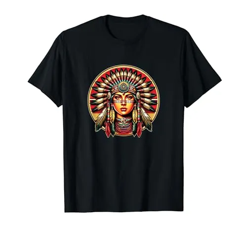 Native American Woman Indian Warrior T-Shirt - Lightweight, Classic Fit, Double-Needle Hem