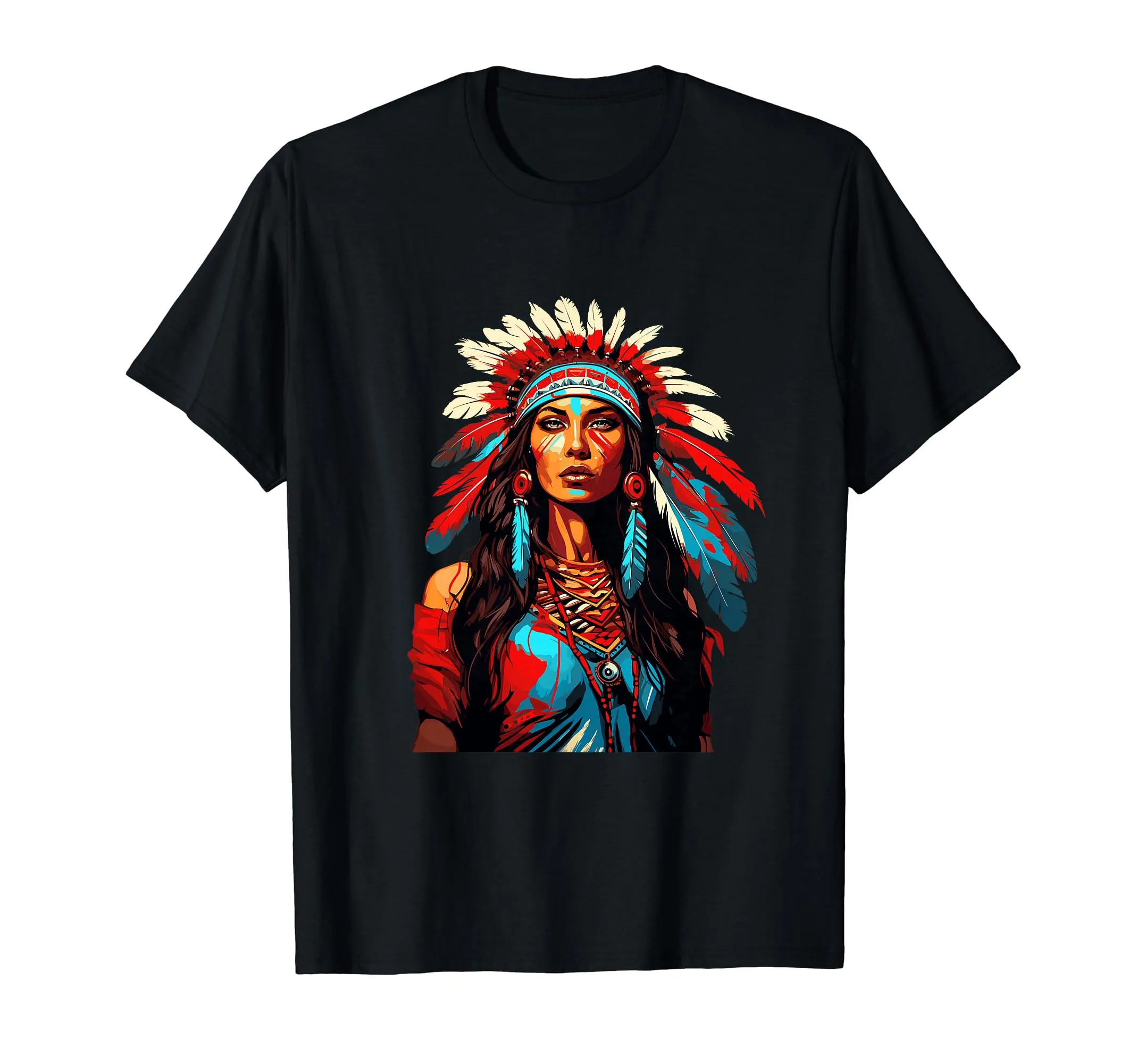 Native American Woman T-Shirt with Headdress, Lightweight Classic Fit, Sizes Available