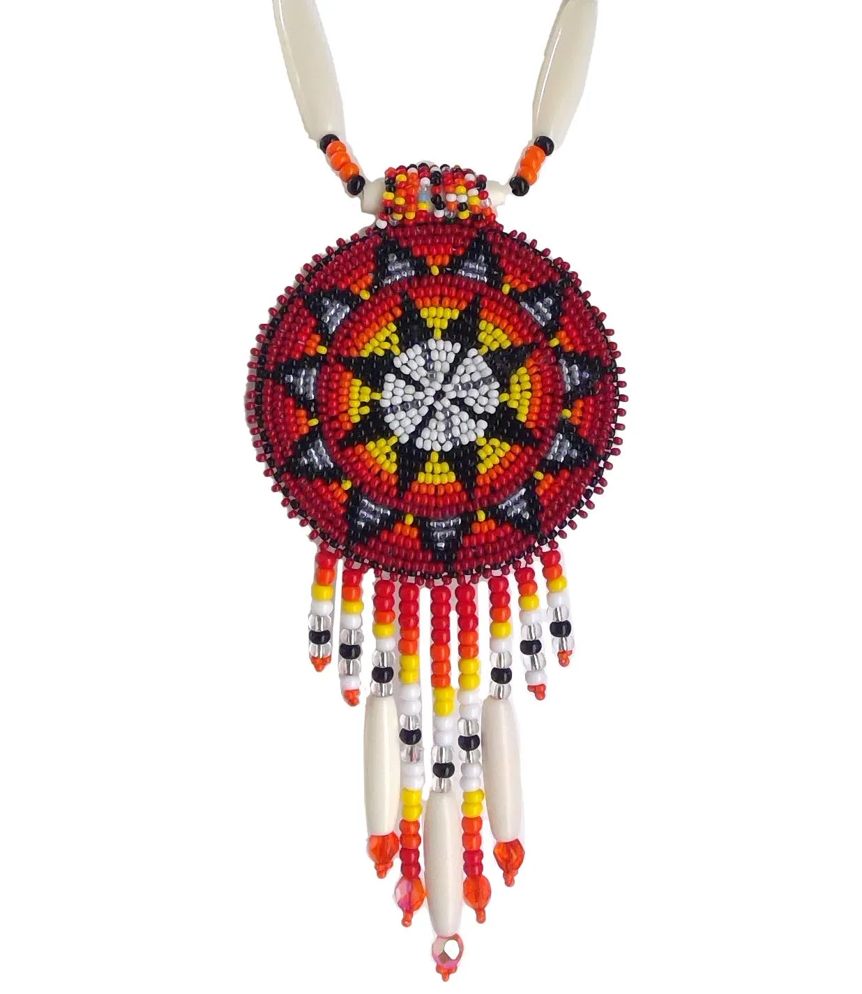 Native Style Beaded Necklace Earrings Set with Large Rosette Pendant, Handmade Czech Beads