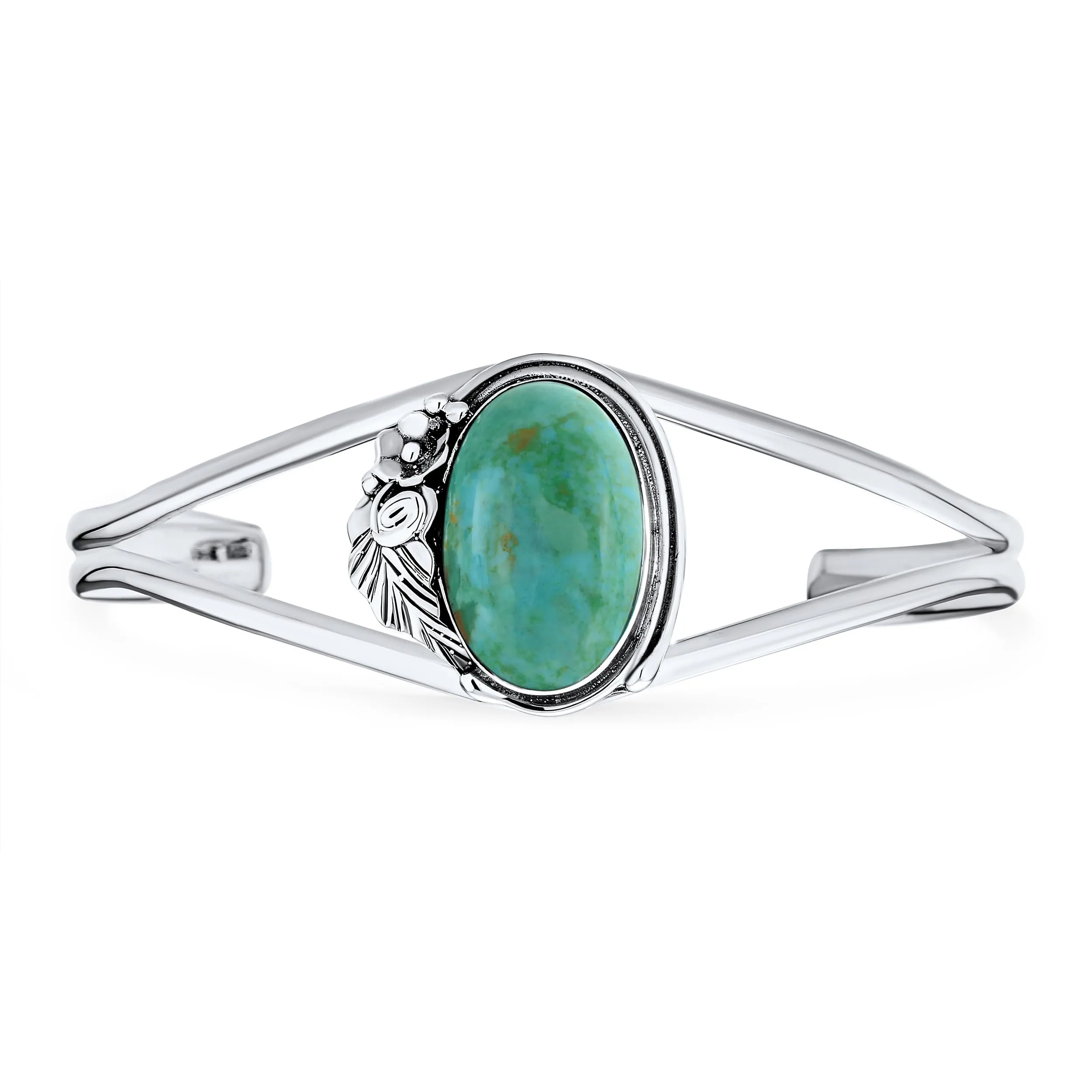 Nature Leaf American Indian Navajo Style Turquoise Cuff Bracelet Women .925 Sterling Silver