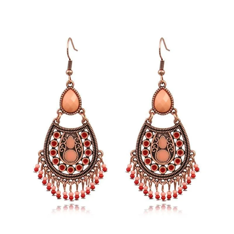 Old-Fashioned Bohemian Hook Earrings with Red Jam Tassel - Classic Native American Jewelry