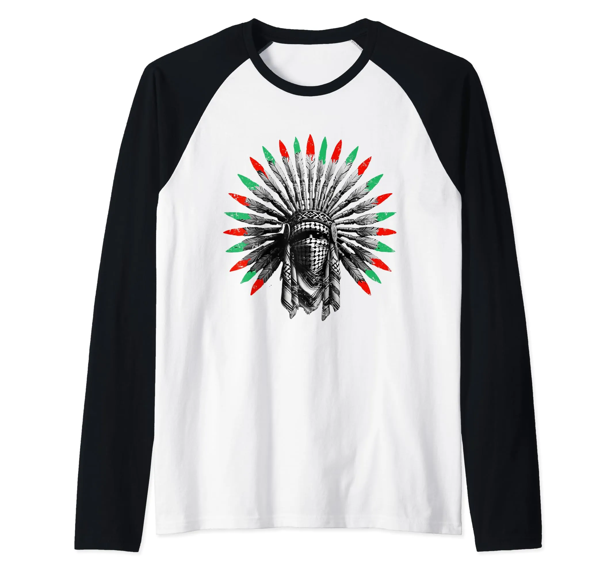 Palestinian Keffiyeh & American Indian Feathers Unity Raglan Baseball Tee - Lightweight Classic Fit