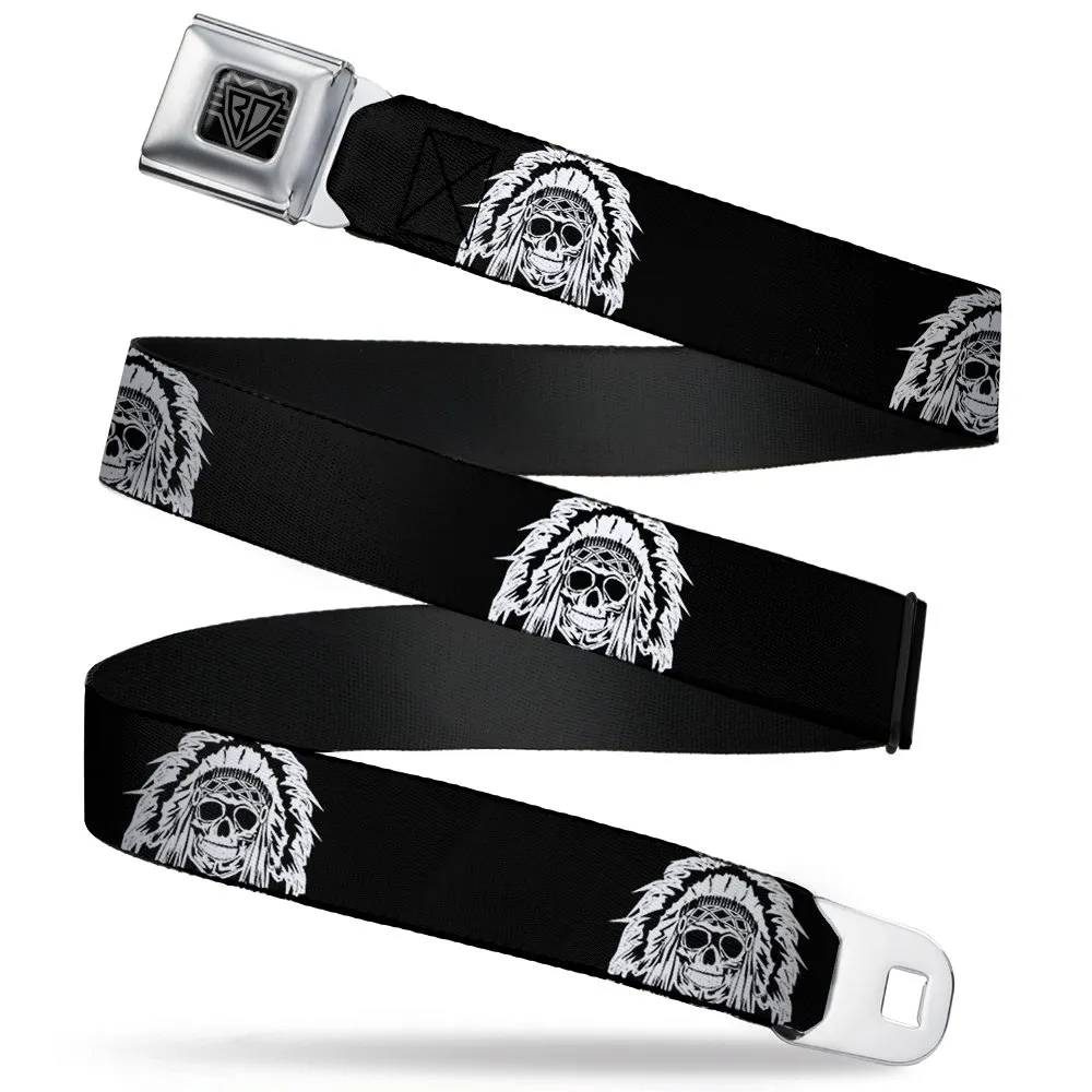 Seatbelt Belt - Native American Skull Black/White - 1.0' Wide, Adjustable 20-36 Inches