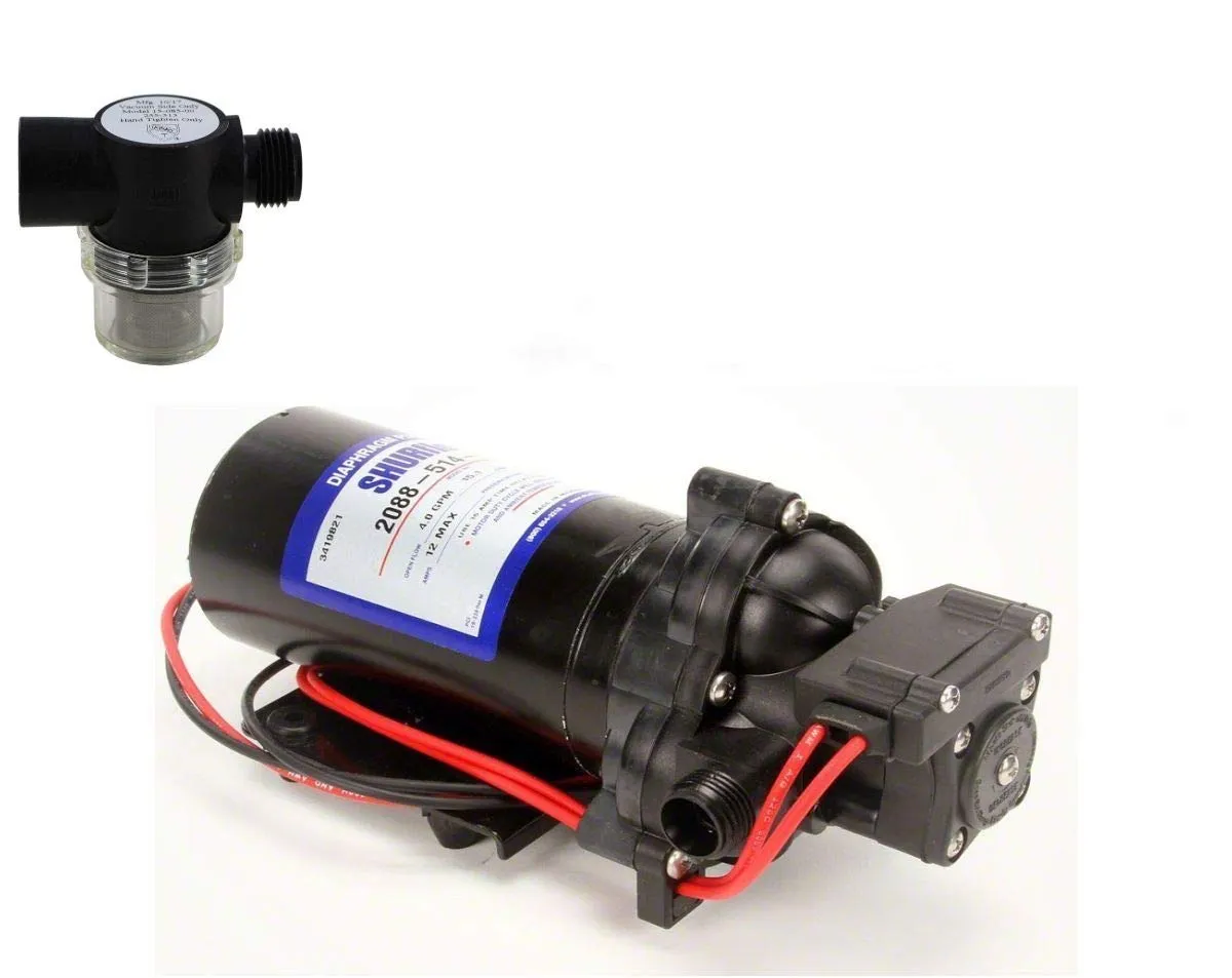 Shurflo 2088-514-144 12V Diaphragm Pump & 255-313 Strainer Bundle for High Flow Applications