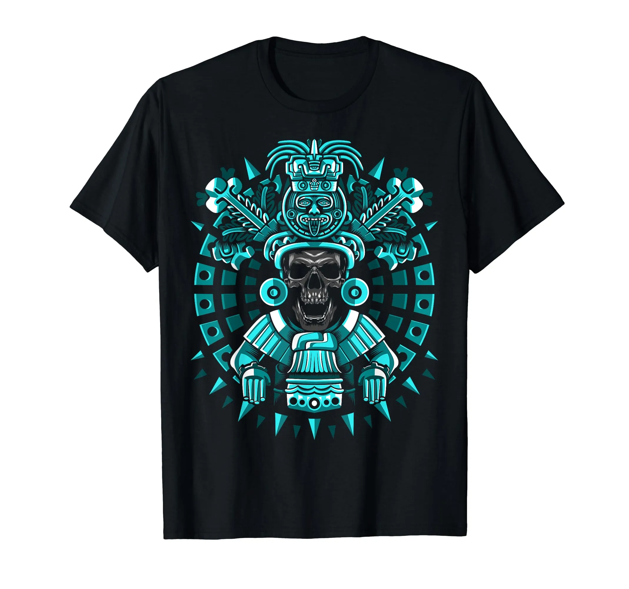 Skull Blue Native American Culture T-Shirt - Mayan, Lightweight, Classic Fit, Apocalypse Skeleton