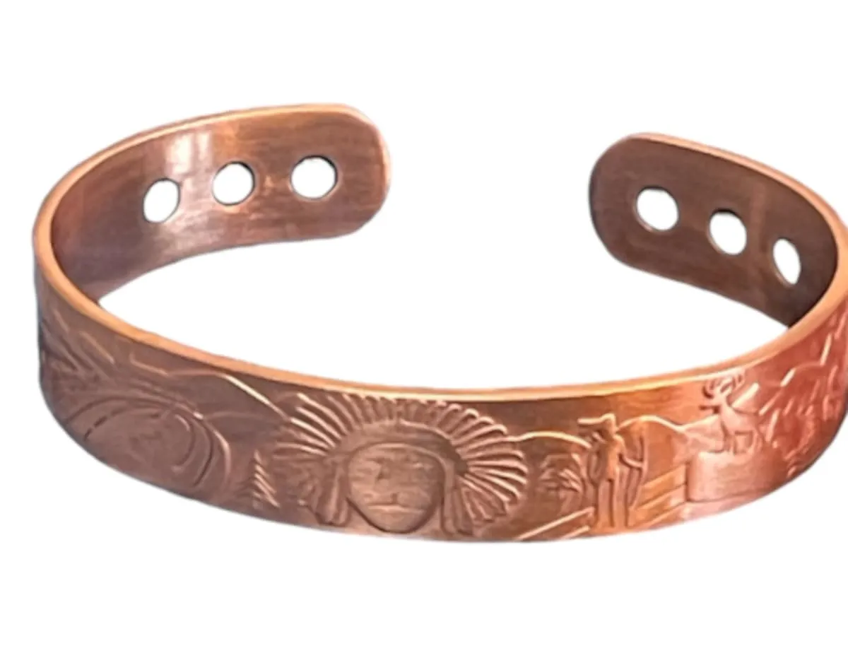 Solid Copper Cuff Bracelet with Native American Chief Tipi Design, Adjustable 3/4' Wide