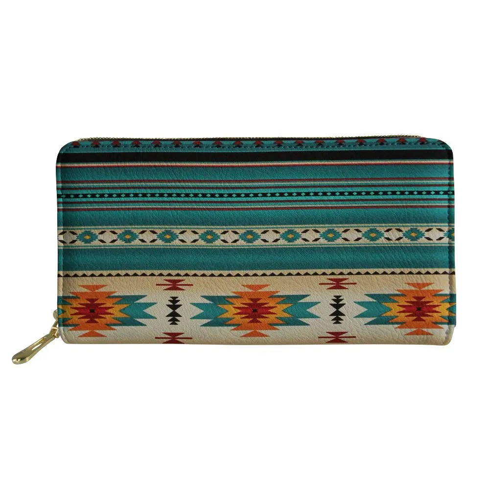 Southwestern Aztec Women's Zipper Wallet, Turquoise Stripes PU Leather Clutch with Card Slots