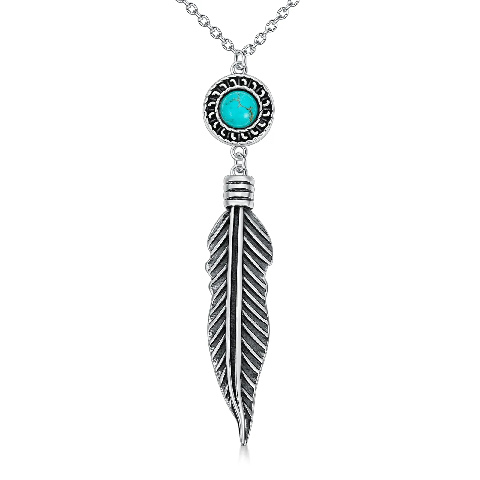 Turquoise Feather Necklace 925 Sterling Silver Pendant, Native American Genuine Gemstone Jewelry