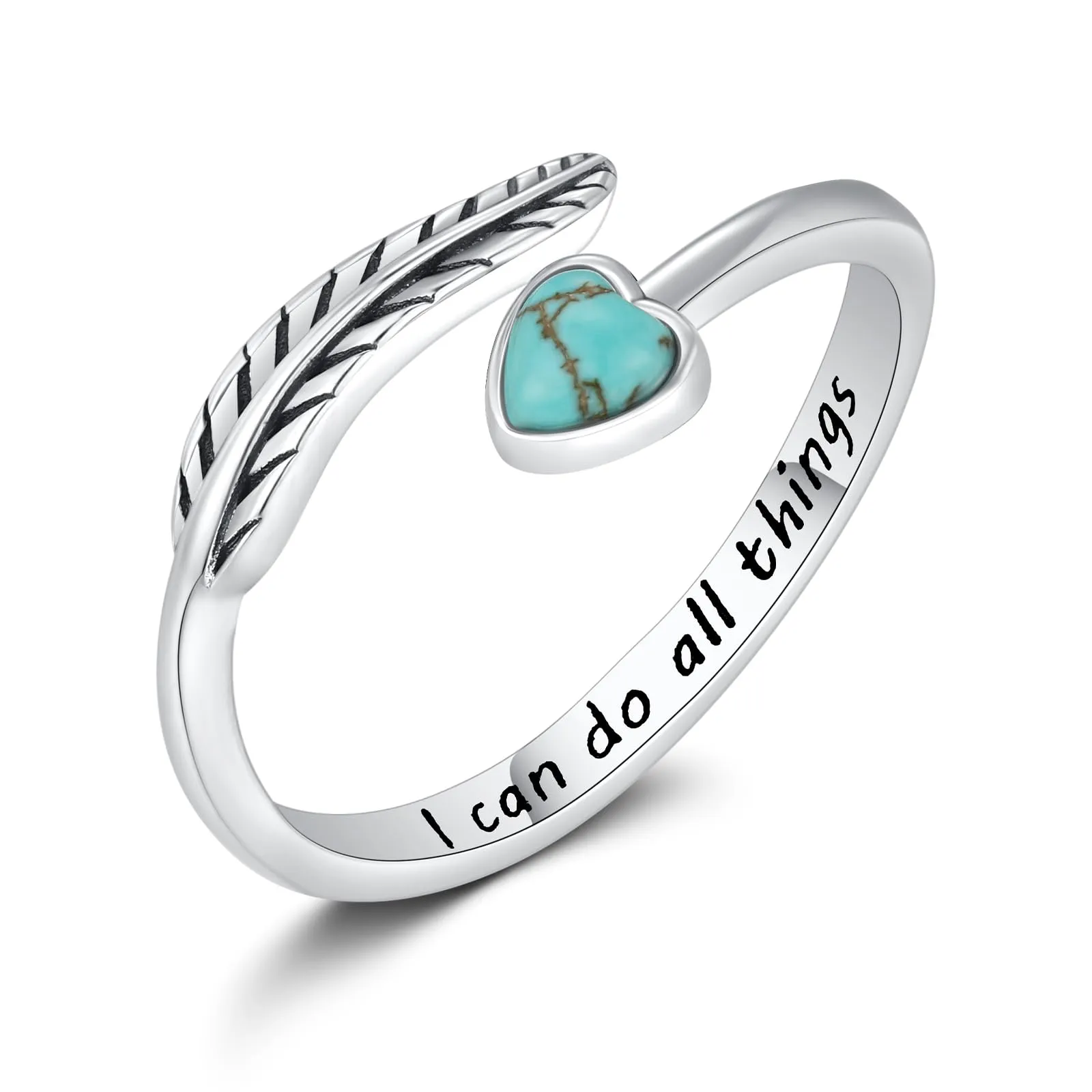 Turquoise Feather Ring 925 Sterling Silver Adjustable Bohemian Jewelry Gift for Women