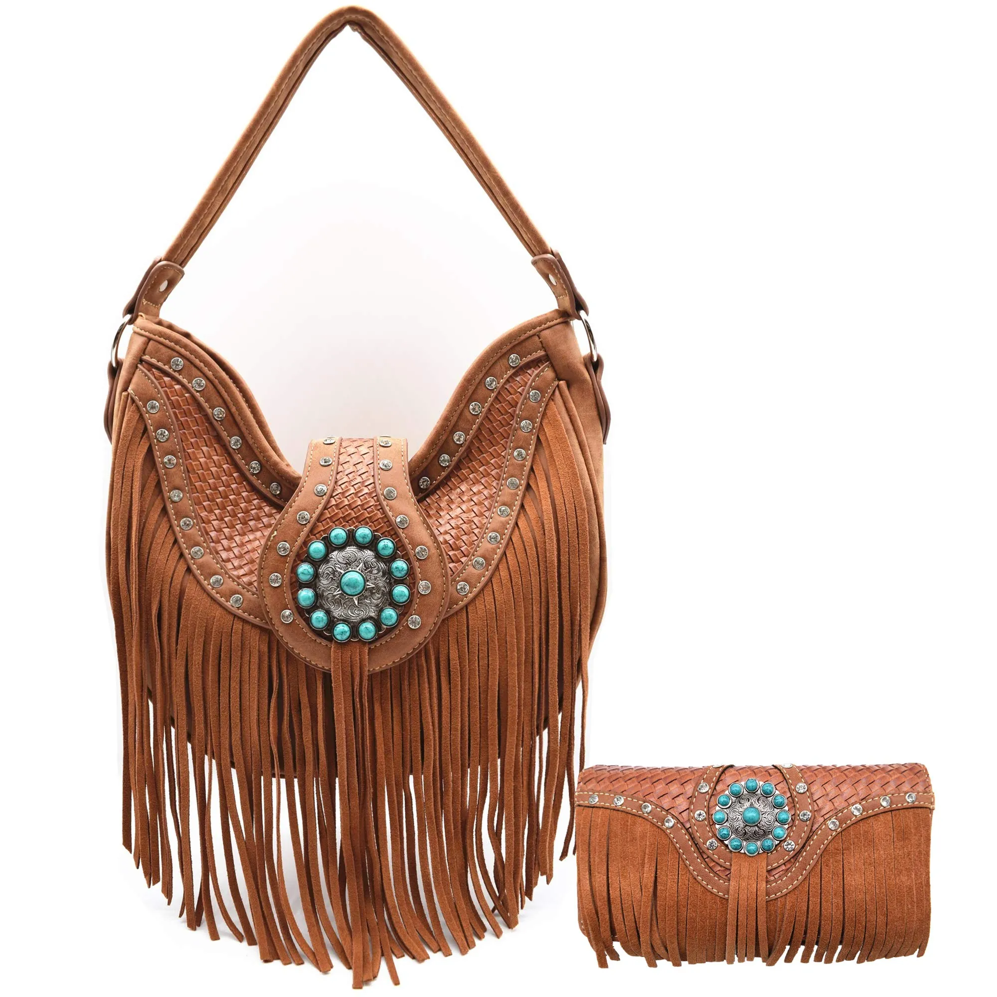 Western Style Fringe Conchos Gem Rhinestone Studded Woven Leather Purse & Wallet Set