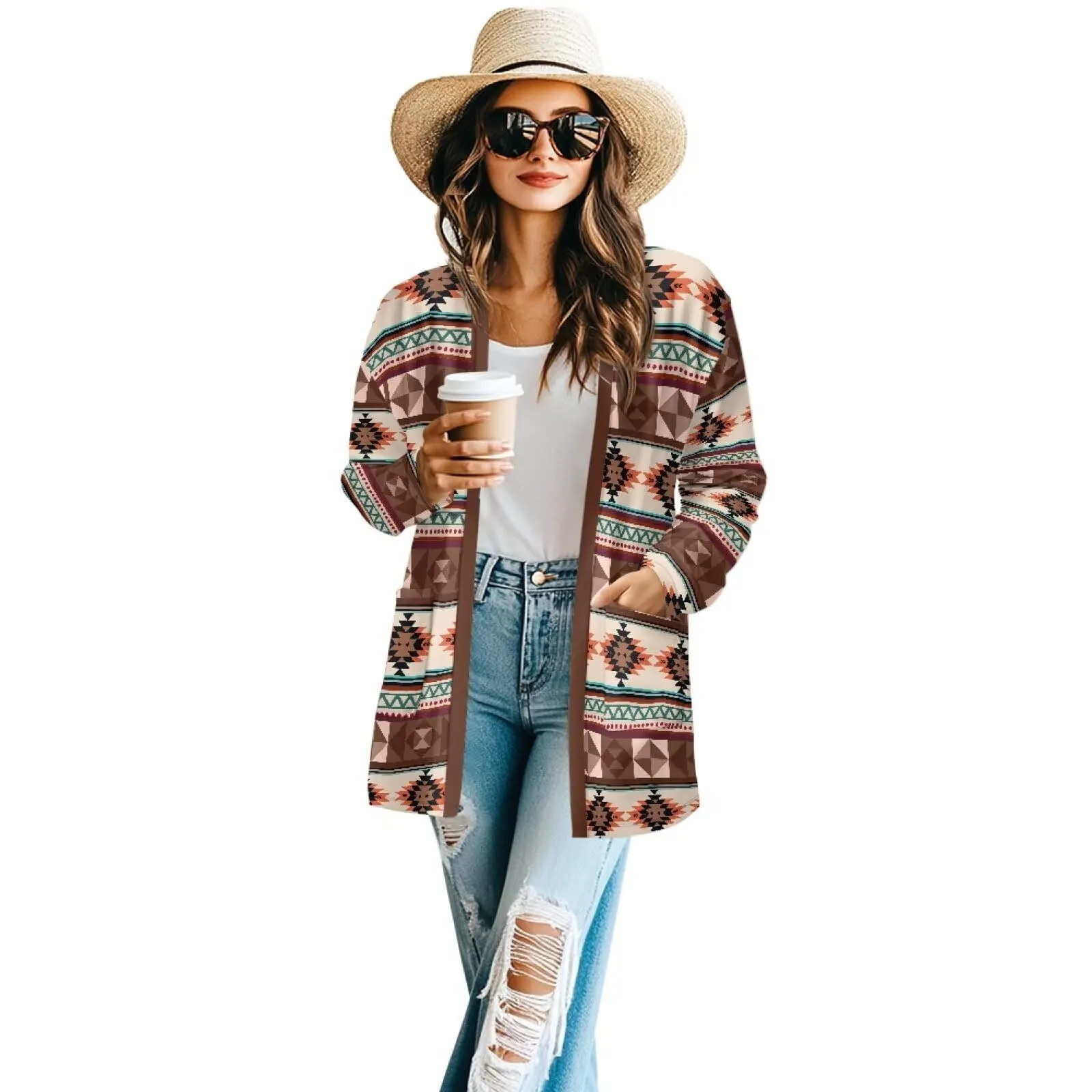 Women's Aztec Print Open-Front Jacket - Lightweight Casual Outerwear in Small by Xernghsao