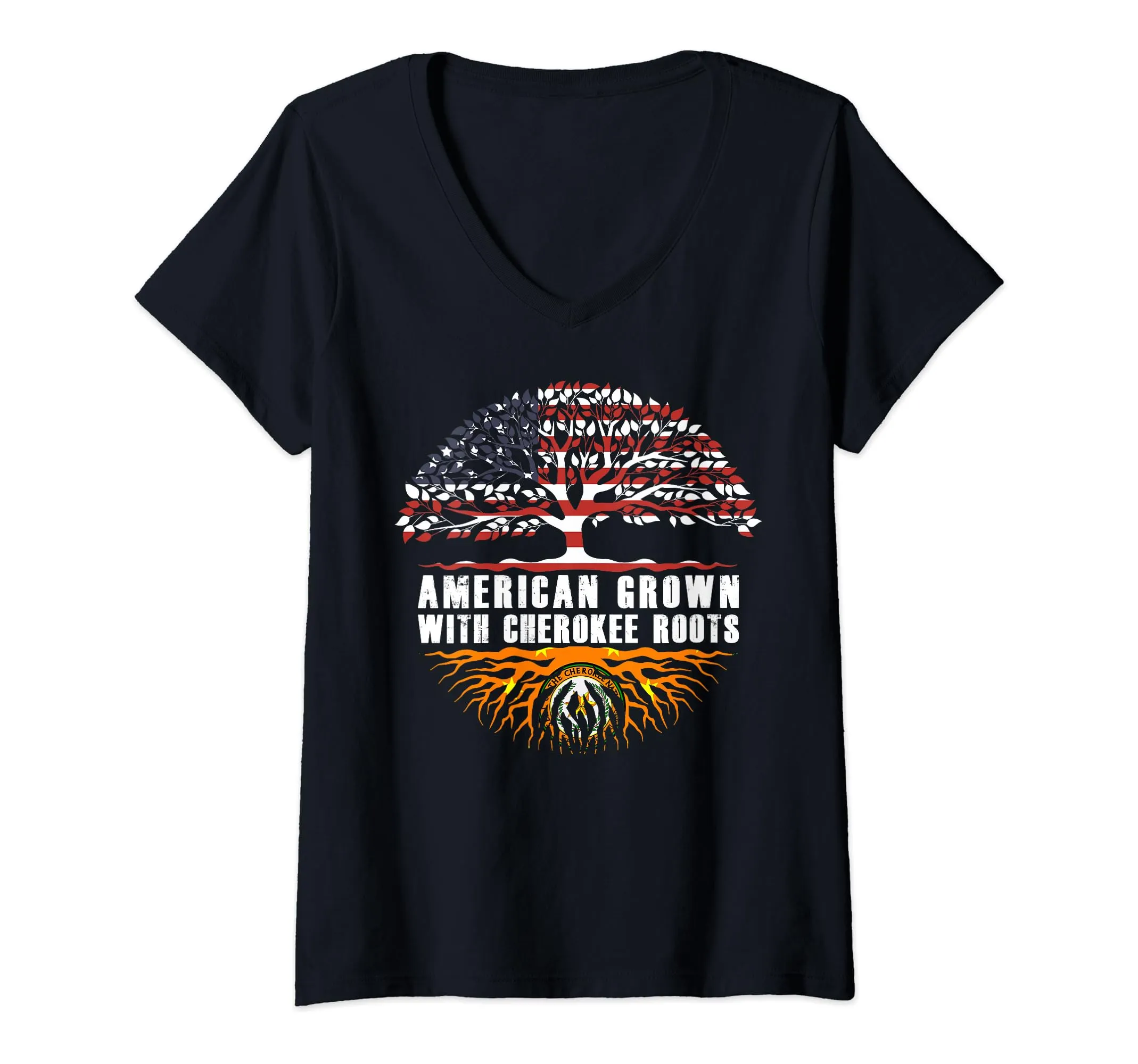 Womens Cherokee Roots Native American V-Neck T-Shirt - American Grown Design, Classic Fit