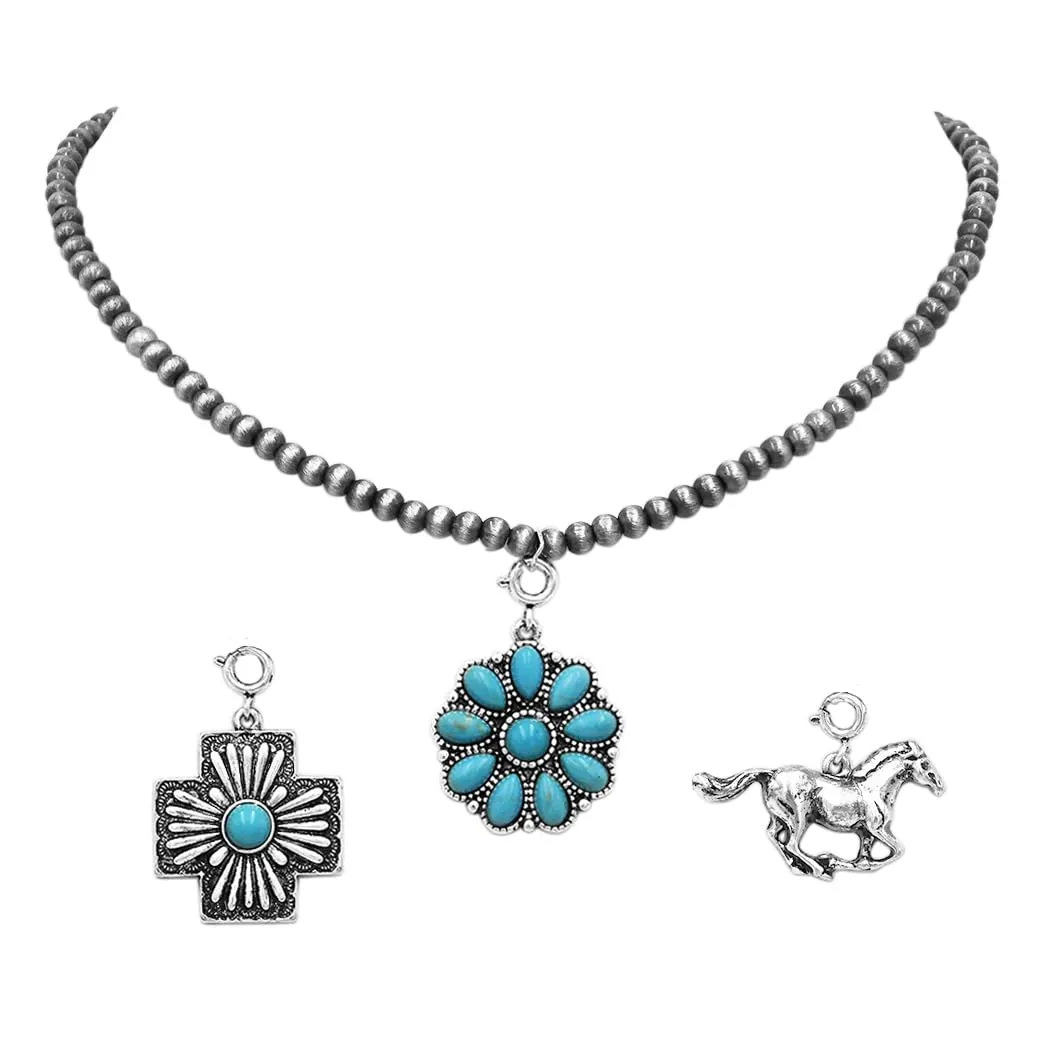 Women's Cowgirl Chic Turquoise Howlite Pendant Necklace Set with Adjustable Pearl Choker