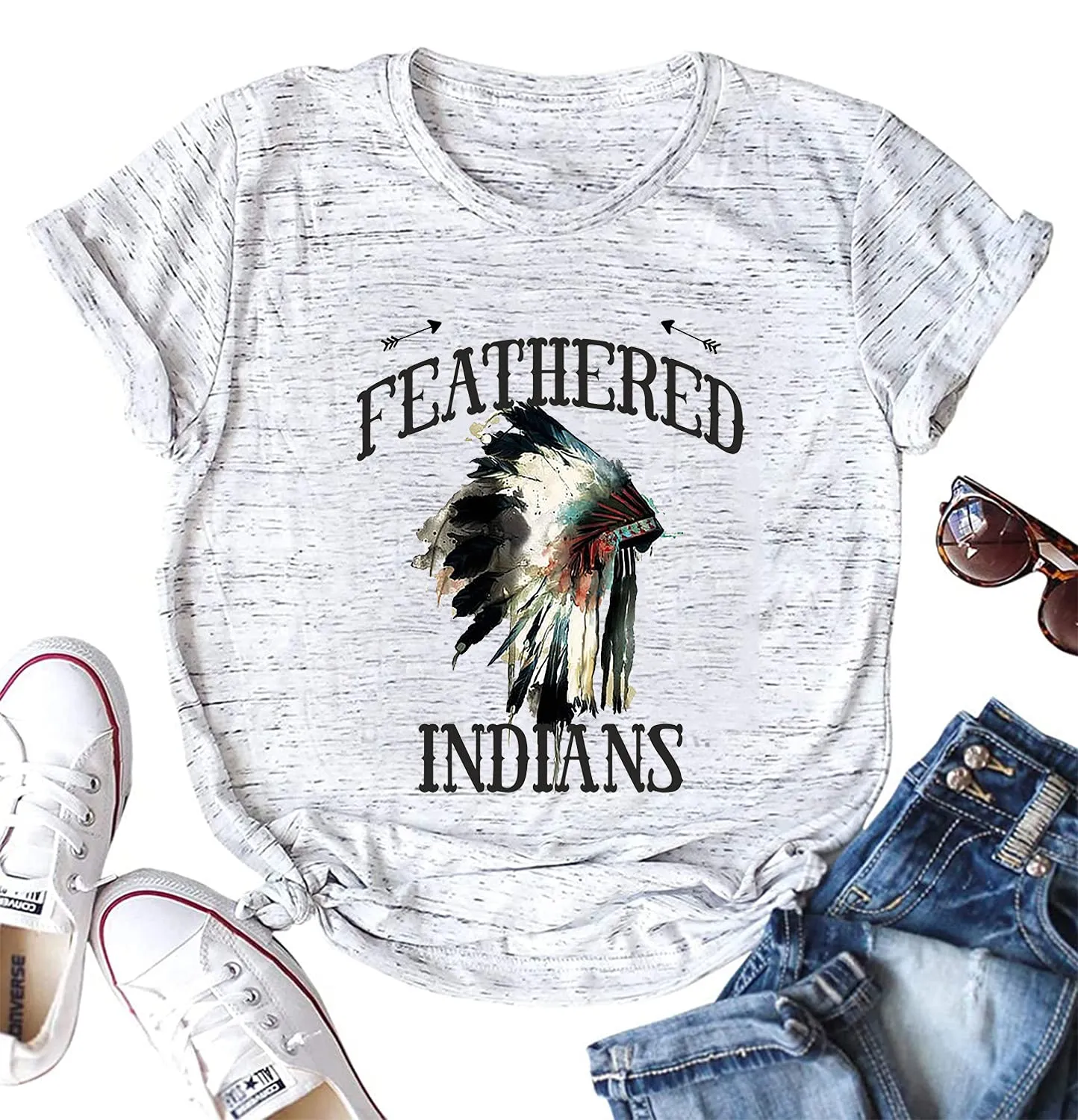 Women's Feathered Indians T-Shirt - Funny Retro Native American Headdress Boho Tee, Small