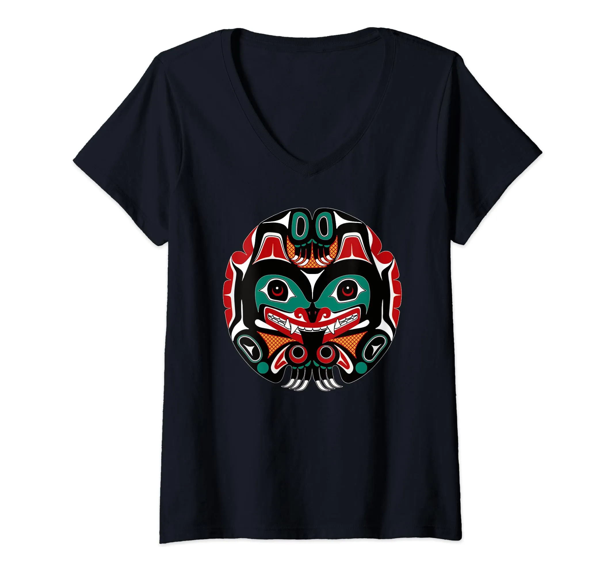 Womens Indigenous V-Neck T-Shirt - Alaska Native American Art Style, Classic Fit, Lightweight