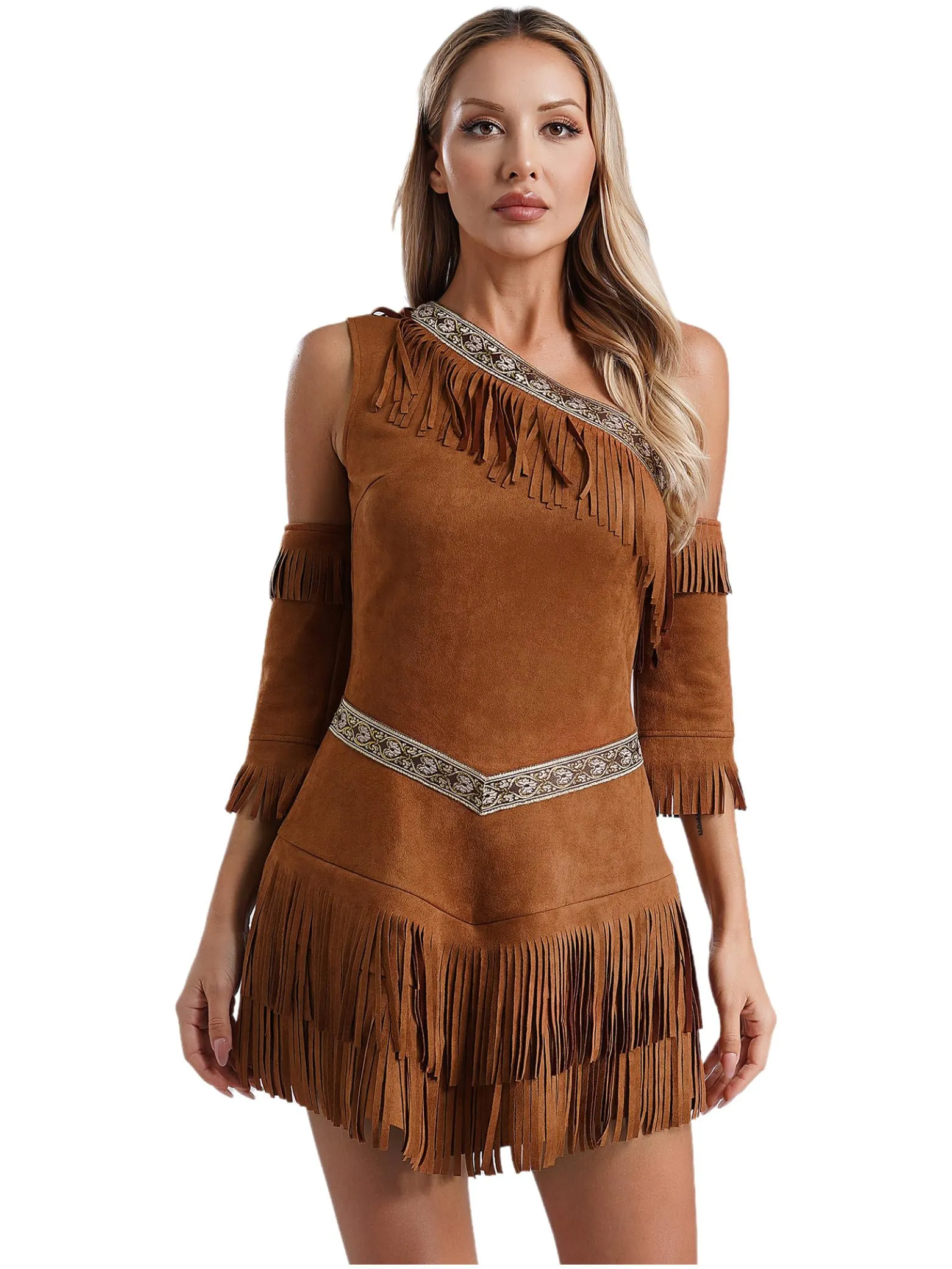 Women’s Native American Costume One Shoulder Dress with Tassels for Halloween & Carnival