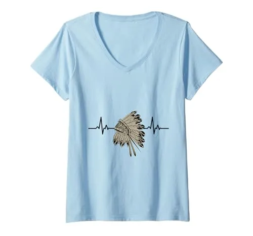 Womens Native American Headdress Heartbeat V-Neck T-Shirt - Celebrate Culture with Pride