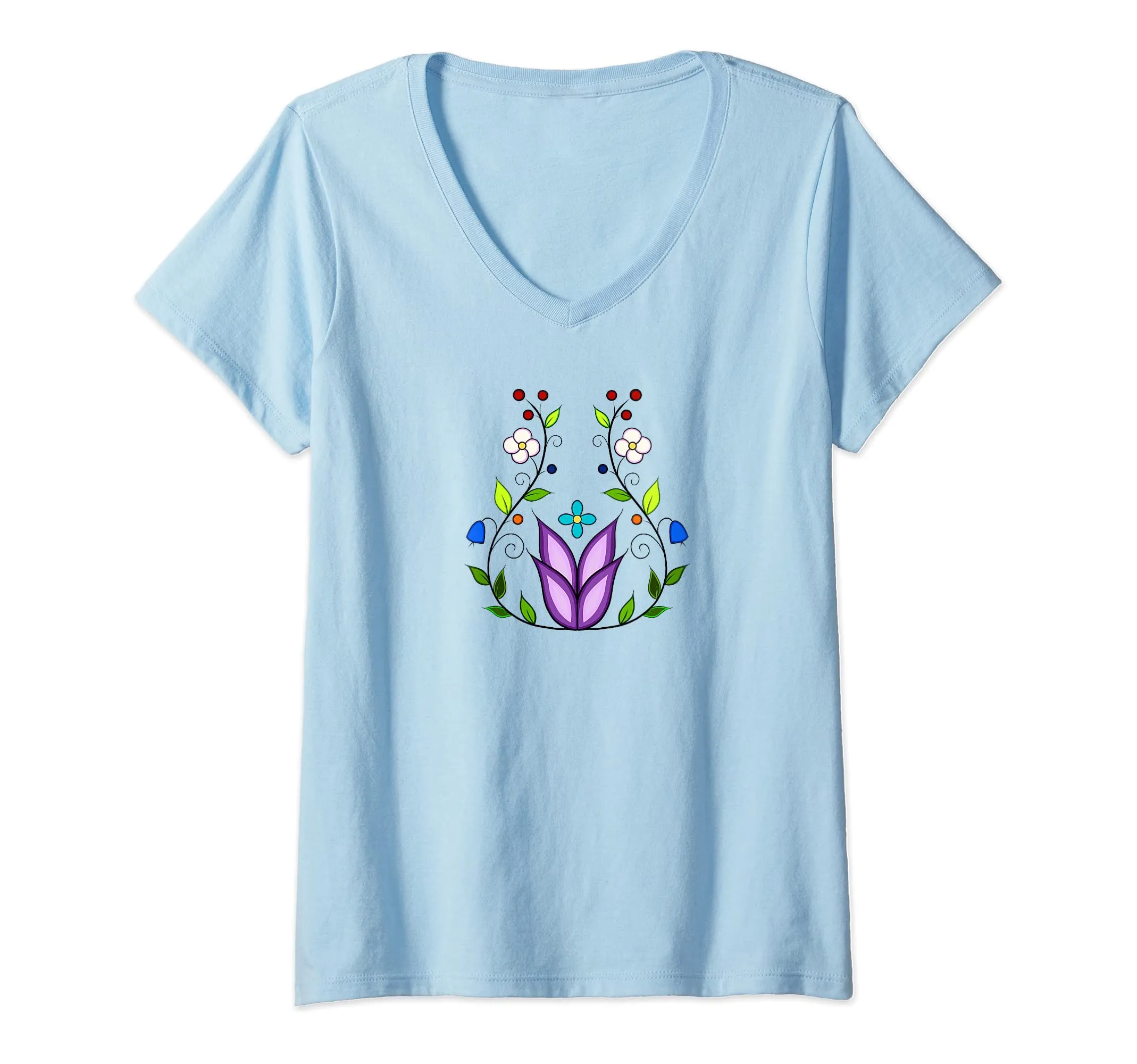 Womens Ojibwe Floral Native American V-Neck T-Shirt by Bizaanide'ewin, Lightweight Classic Fit