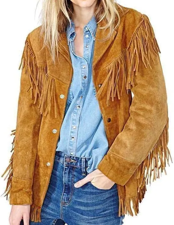 Women's X-Small Traditional Cowgirls Western Suede Leather Jacket with Fringes & Beads