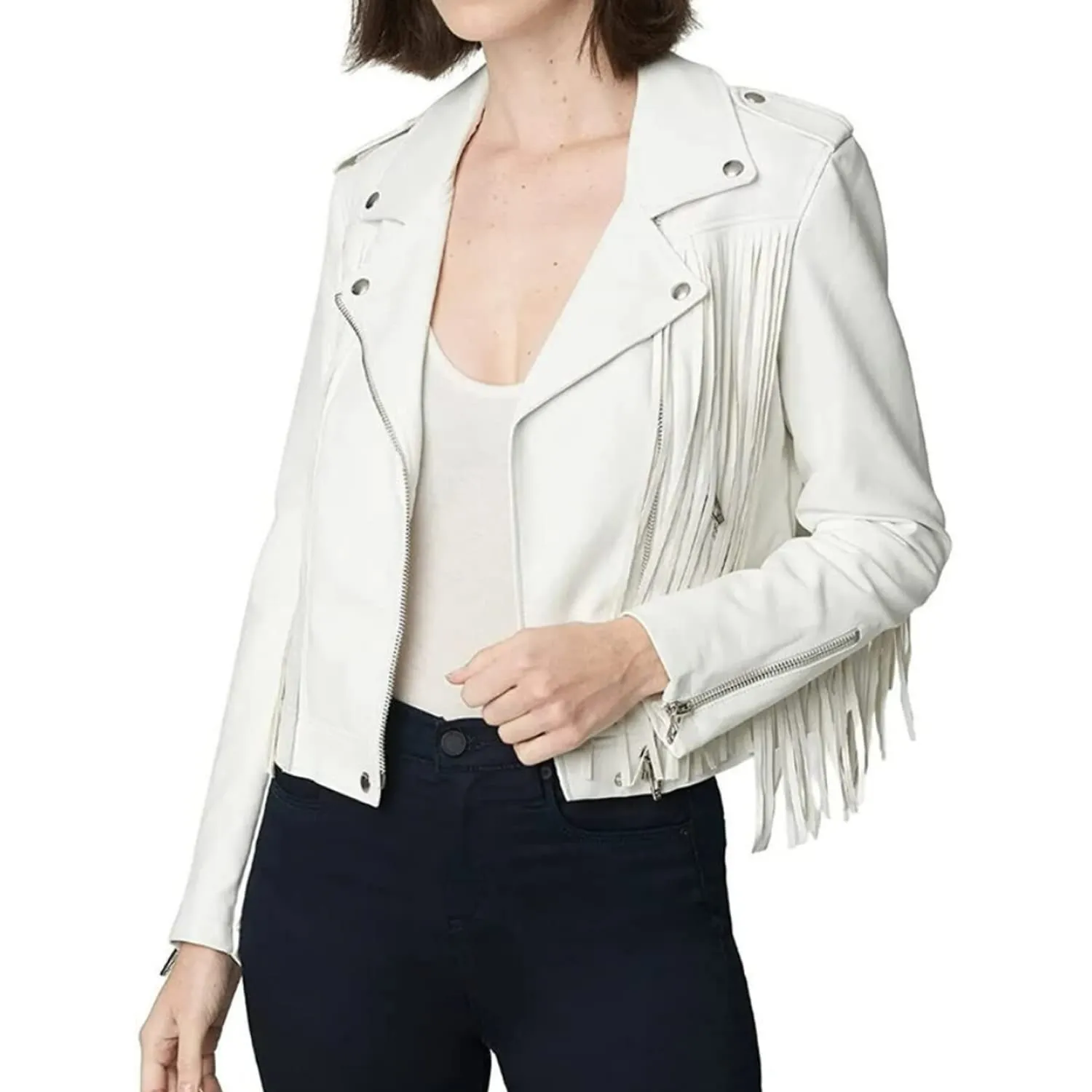 Women’s X-Small White Genuine Lambskin Tassel Fringe Jacket - Native American Western Style